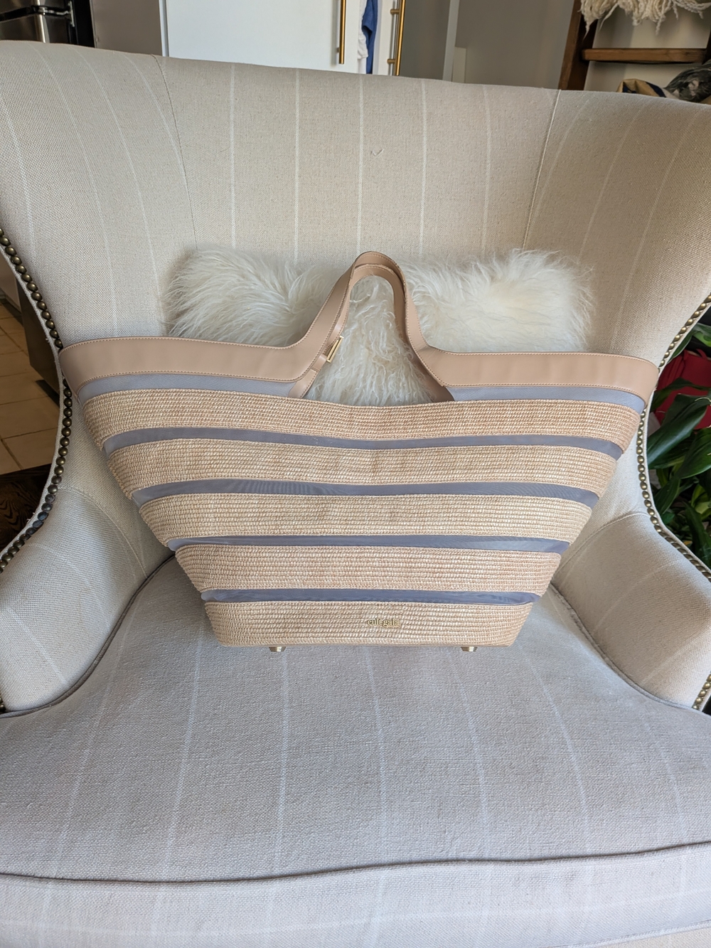 CULT GAIA Natural Leather, Straw And Mesh Tote
